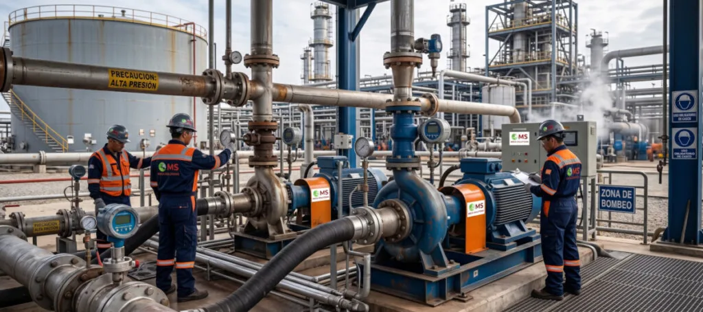 Servicio de bombeo industrial con unidades de alta y baja presión para transferencia e inyección de fluidos en instalaciones industriales y petroleras.
