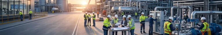 Infraestructura industrial con especialistas en ingeniería, construcción, mantenimiento y operación de procesos desarrollando proyectos industriales de gran escala.